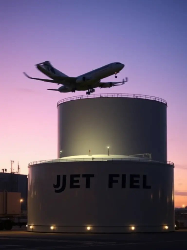 An image of a jet fuel storage tank with an airplane in the background, symbolizing reliability and safety.