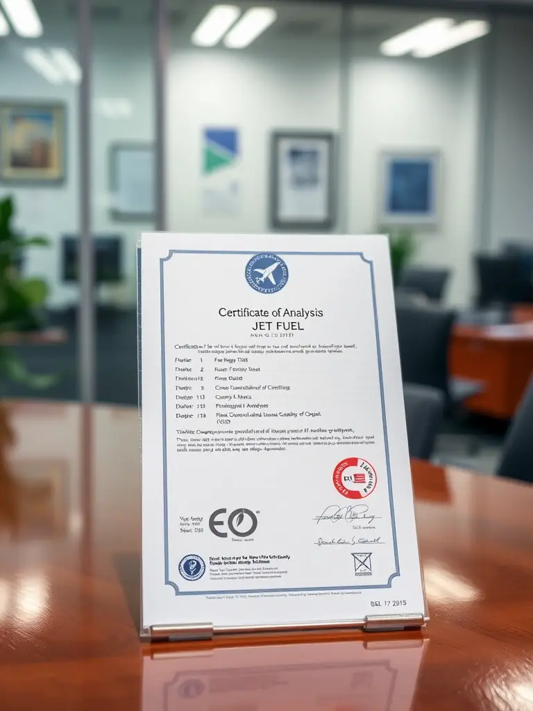 A visual of a certificate of analysis (CoA) for jet fuel, emphasizing its compliance with aviation fuel standards. The image should convey safety and reliability.