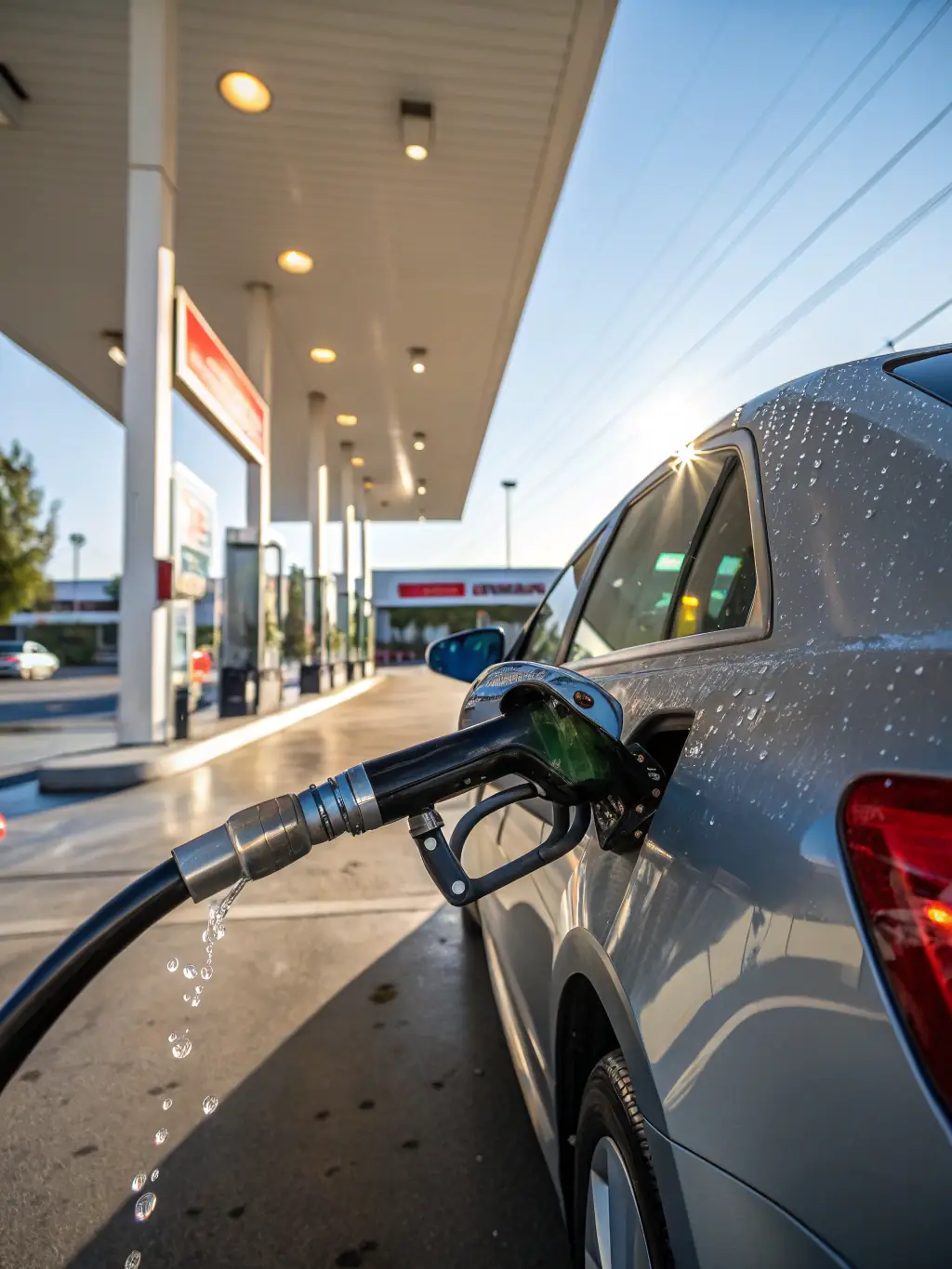 A close-up shot of EN590 diesel fuel being poured into a vehicle's fuel tank, emphasizing its clean and efficient combustion.