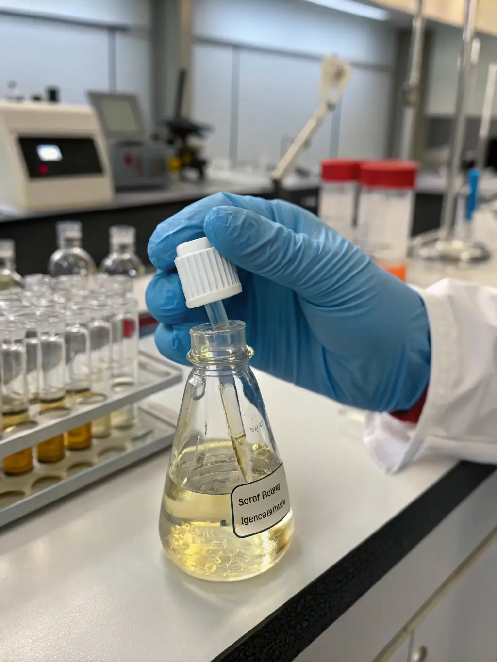 A close-up image of EN590 diesel fuel in a clear container, showcasing its clarity and quality.