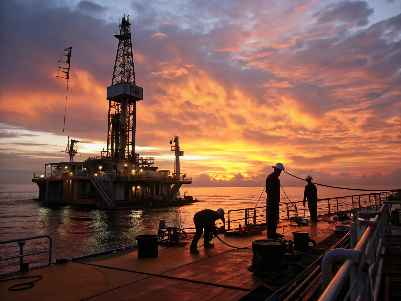 A detailed image of an oil rig at sunset, symbolizing GLOBAL OIL OPERATING COMPANY LTD's mining operations.