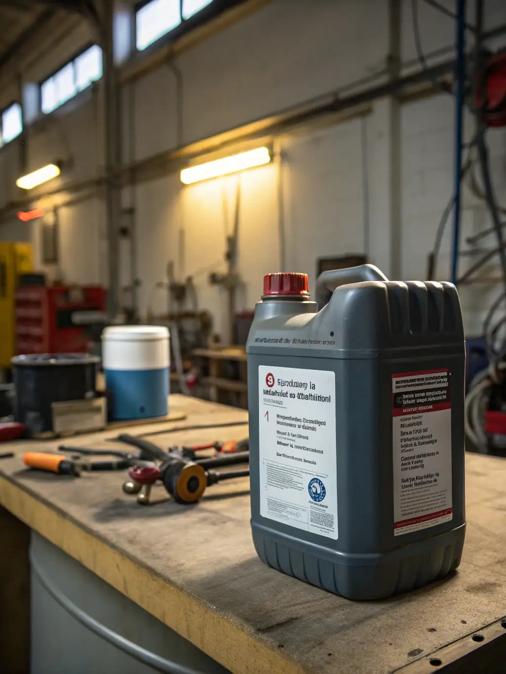 A photograph of various lubricant containers (engine oil, gear oil, hydraulic oil) neatly arranged on a shelf in a workshop, highlighting their different applications.