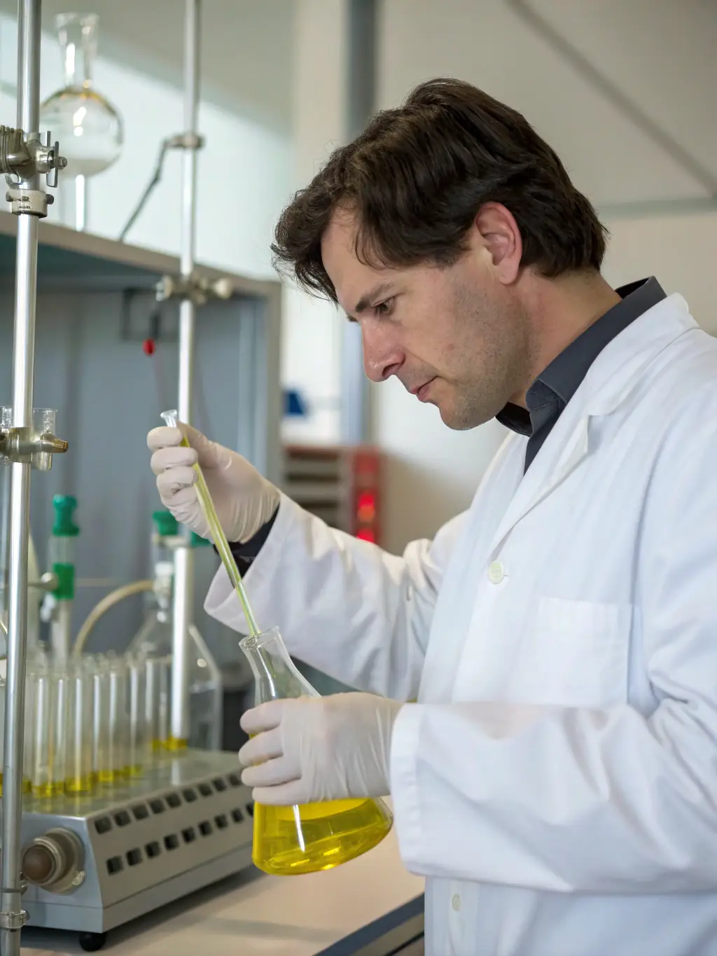 A detailed image of diesel fuel being tested in a laboratory, showcasing its color, viscosity, and purity under controlled conditions.